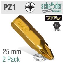 Schroder Pozi 1 X 25mm Insert Bit Tin Coated 2 Pack