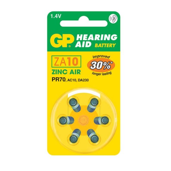 GP ZA10 Zinc Air Hearing Aid Battery 6 Pack - Click Image to Close