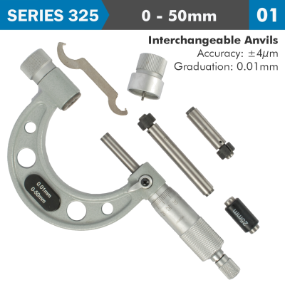 (image for) Outside Micrometer 50mm 0.004mm Acc. 0.01mm Grad. With Interch. Anvils