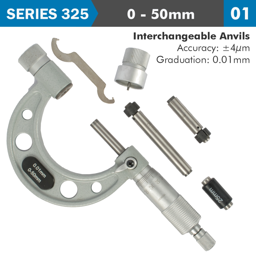 (image for) Outside Micrometer 50mm 0.004mm Acc. 0.01mm Grad. With Interch. Anvils