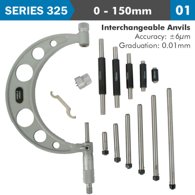 (image for) Outside Micrometer 150mm 0.004mm Acc. 0.01mm Grad. With Interch. Anvil