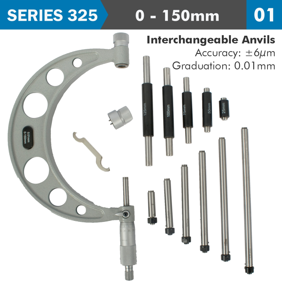 (image for) Outside Micrometer 150mm 0.004mm Acc. 0.01mm Grad. With Interch. Anvil