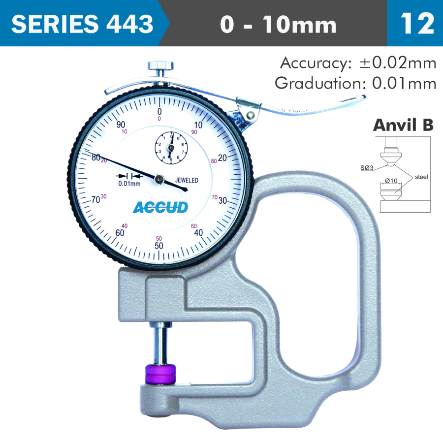 (image for) Thickness Gauge 10mm 0.02mm Acc. Steel Anvil 0.01mm Grad.