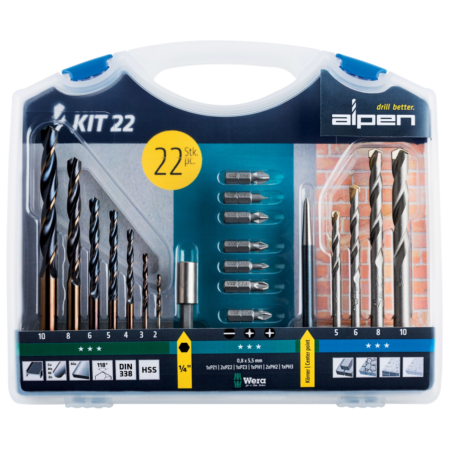 (image for) Drill And Screwdriver Bit Set 22 Piece In Carry Case Steel & Masonry
