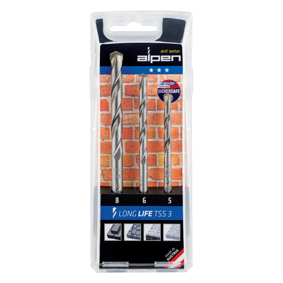 (image for) Masonry Drill Bit Set 3 Piece Long Life 5 6 8