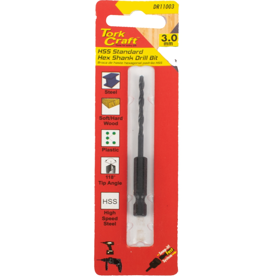 (image for) Drill Bit Hss Standard 3.0mm Hex Shank 1/card