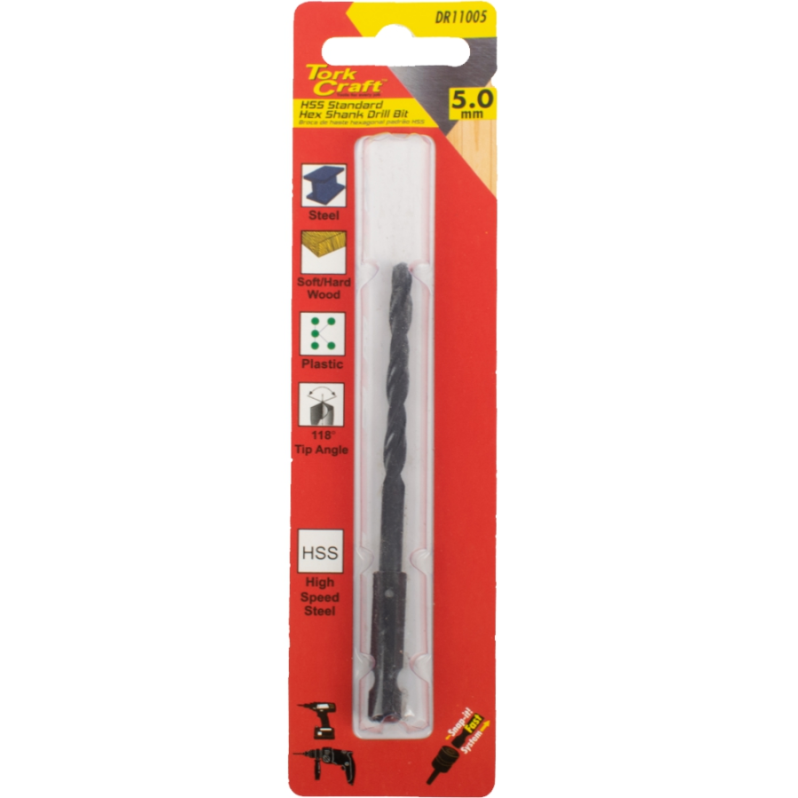 (image for) Drill Bit Hss Standard 5.0mm Hex Shank 1/card