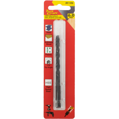 (image for) Drill Bit Hss Standard 6.0mm Hex Shank 1/card