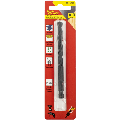 (image for) Drill Bit Hss Standard 8.0mm Hex Shank 1/card