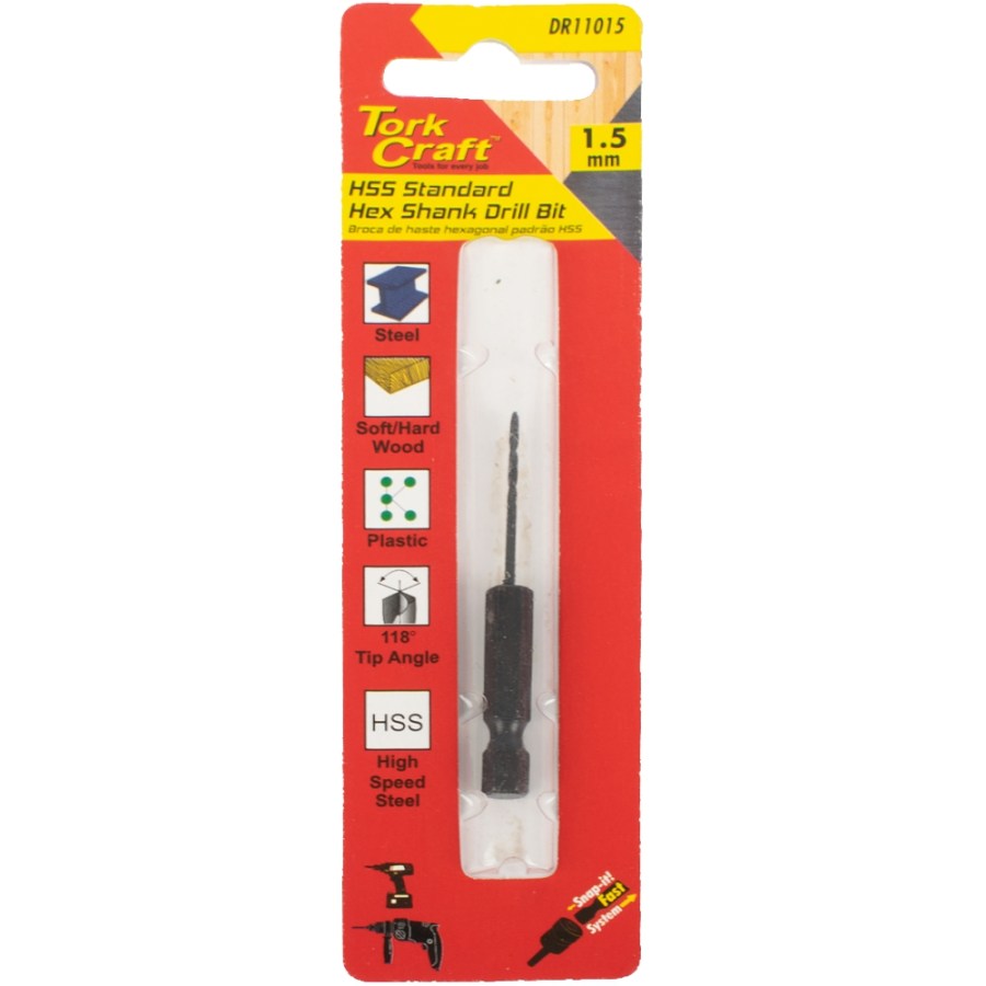 (image for) Drill Bit Hss Standard 1.5mm Hex Shank 1/card