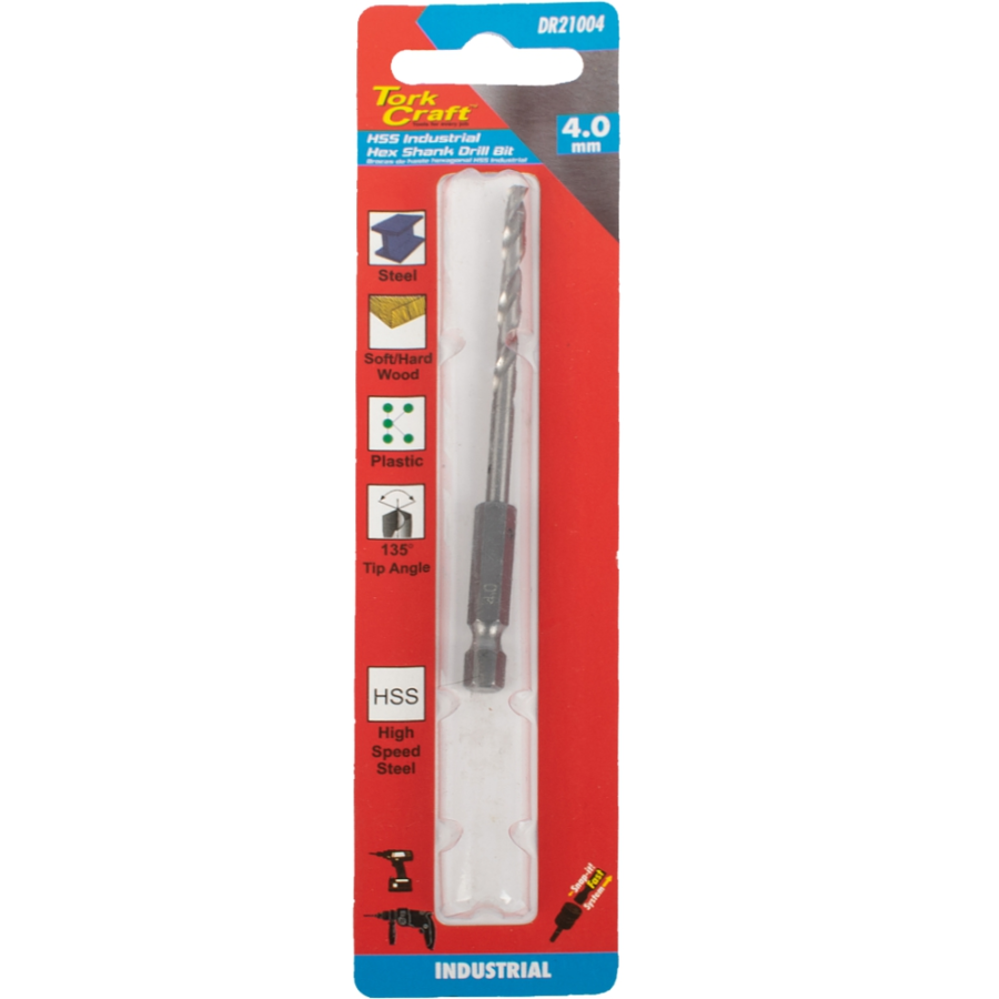 (image for) Drill Hss 4.0mm 135deg 1/card Hex Shank Industrial Bit