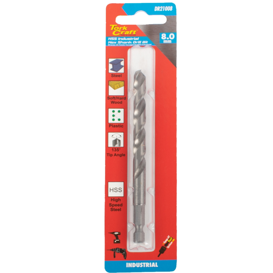 (image for) Drill Hss 8.0mm 135deg 1/card Hex Shank Industrial Bit