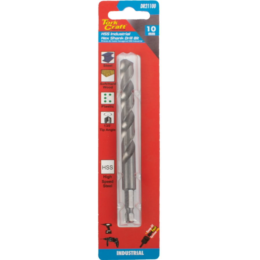 (image for) Drill Hss 10.0mm 135deg 1/card Hex Shank Industrial Bit