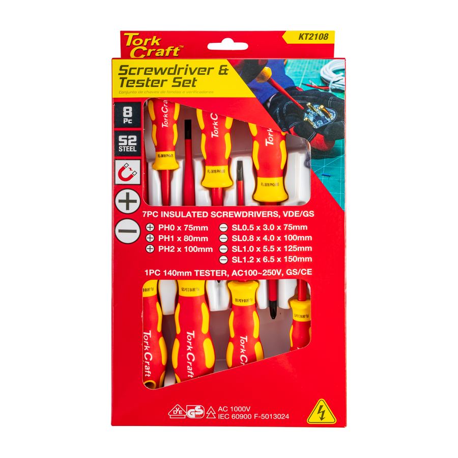 (image for) 8pc Screwdriver & Tester Set Electricians Insulated Vde