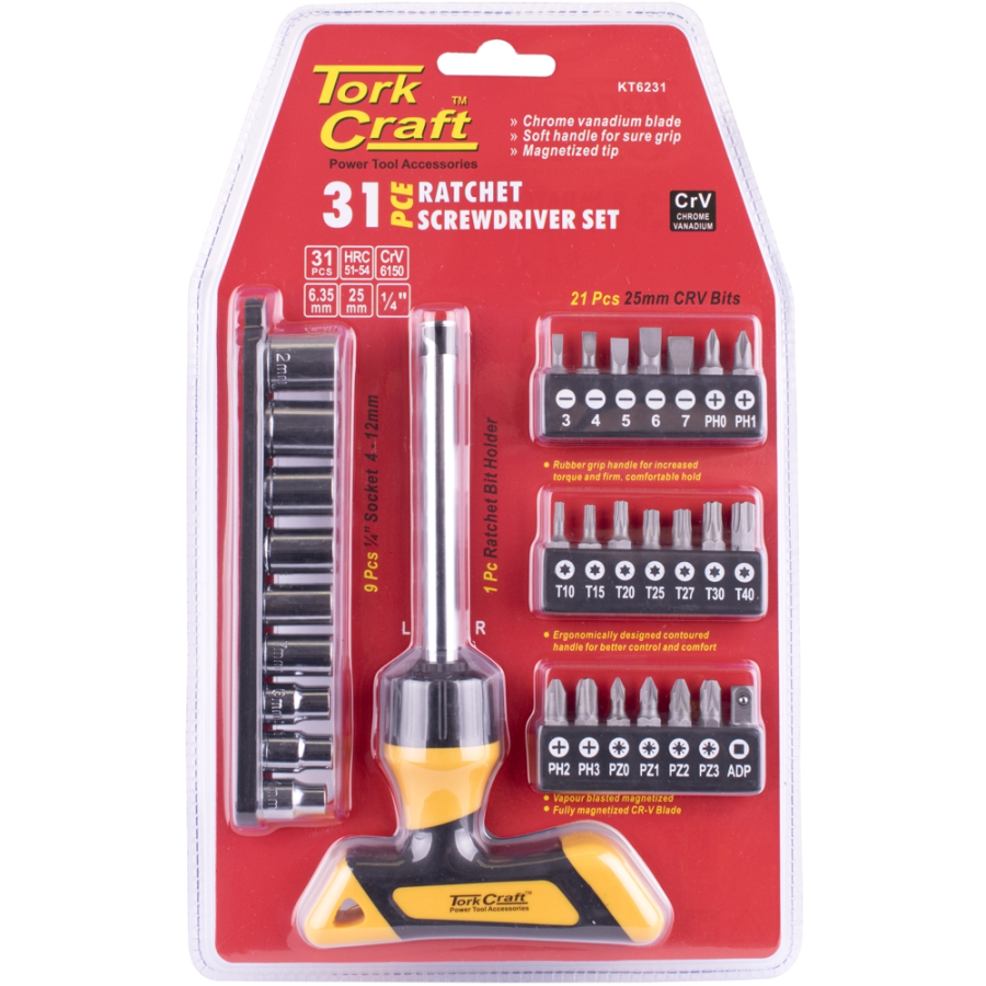 (image for) 31pc Screwdriver Ratchet T-handle Bit Set