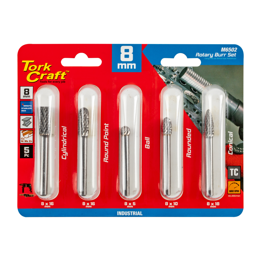(image for) Rotary Burr Set 5 Pc Asstd 8mm Dia Tungsten
