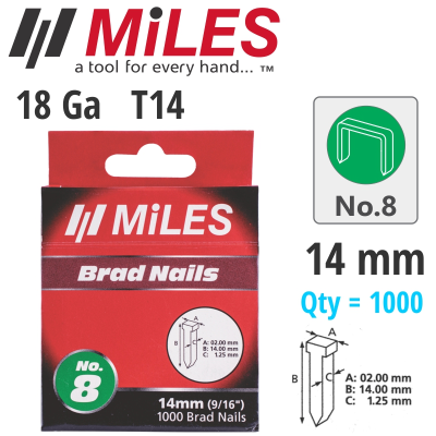 (image for) Galv Brad Nail T14 18g 14mm X 1000pcs Miles No8