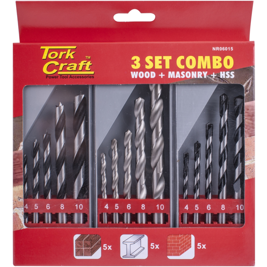 (image for) Drill Bit 3 Set Combo Wood + Masonry + Hss