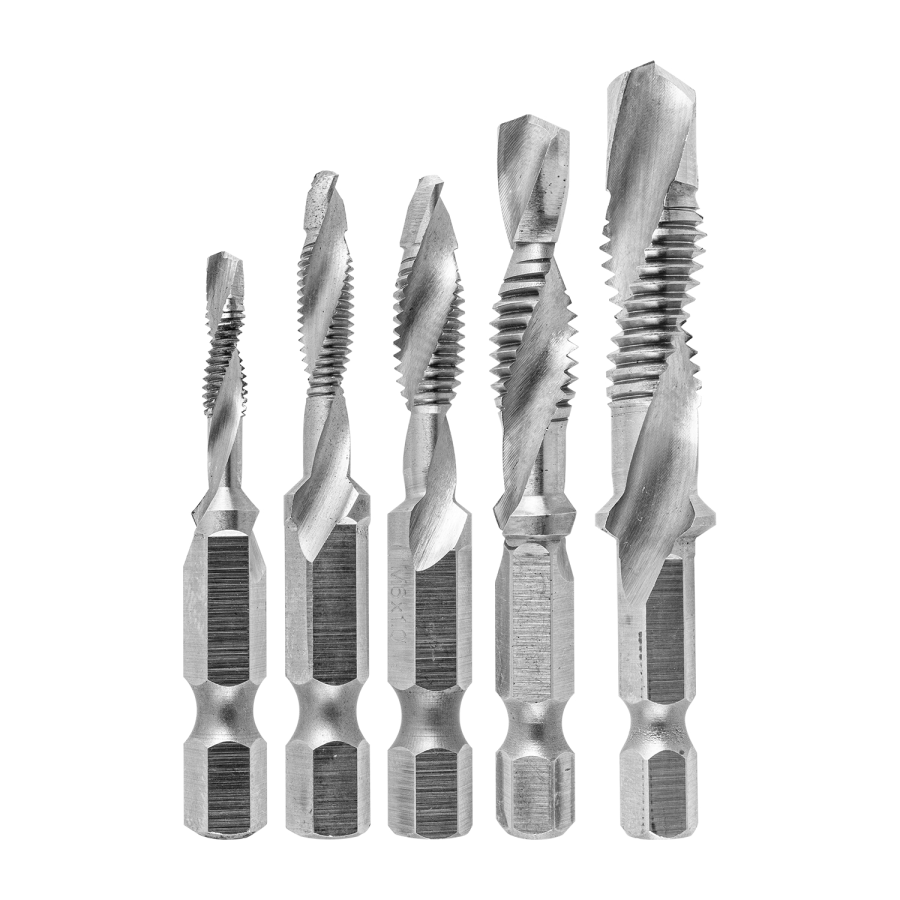 (image for) Drill Tap Hss 5pc Set Metric M4/m5/m6/m8/m10 3-in-1