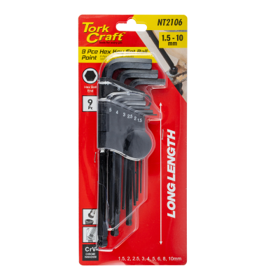 (image for) Hex Key Set 9pc Ball Point 1.5-10mm Carded Cr-v