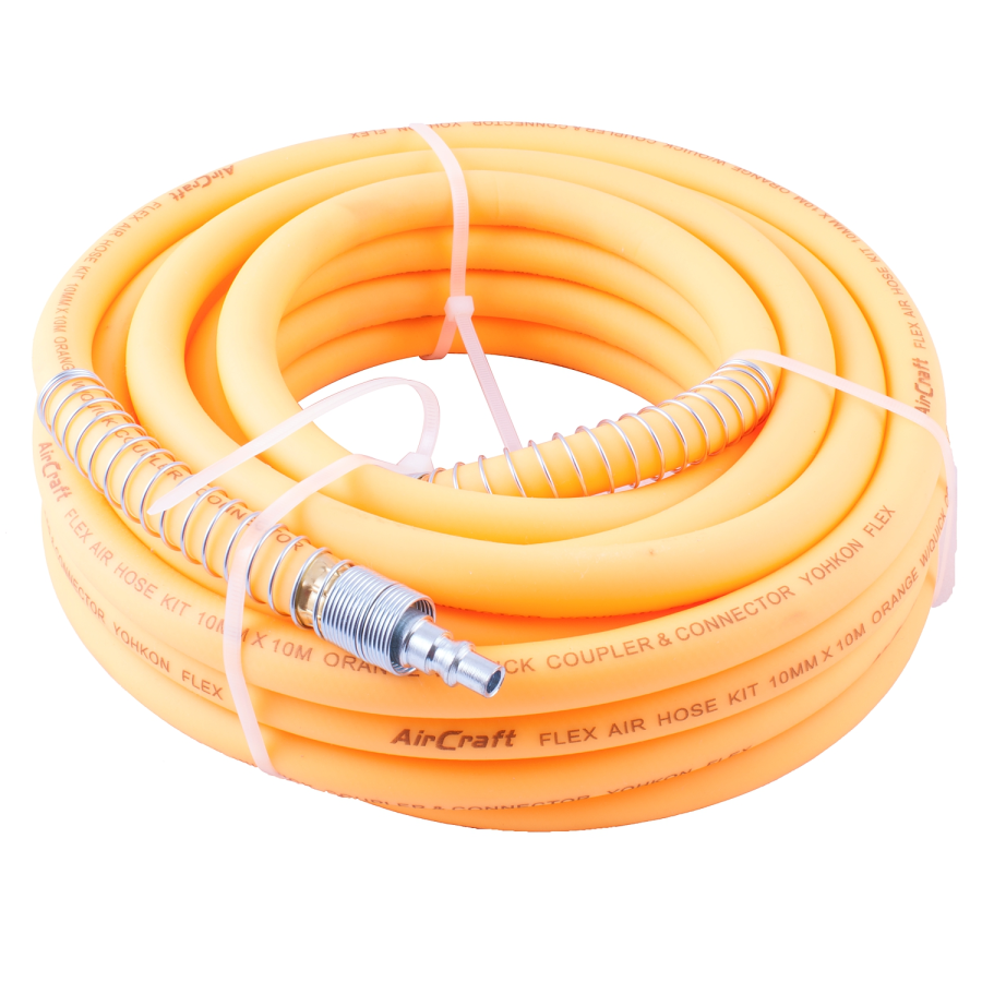 (image for) Flex Air Hose Kit 8mm X 10m Orange W/quick Coupler & Connector Yohkon