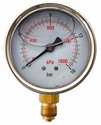 (image for) Press. Gauge 63mm Glycerine 1/4' Bot. Fit Metal Case 0-16bar 0-1600kpa