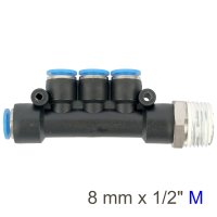 Pu Hose Fitting Manifold 4 X 8mm Port X 1/2'm (image for) Pu Hose Fitting Manifold 4 X 8mm Port X 1/2'm