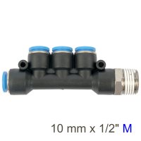 Pu Hose Fitting Manifold 4 X 10mm Port X 1/2'm (image for) Pu Hose Fitting Manifold 4 X 10mm Port X 1/2'm