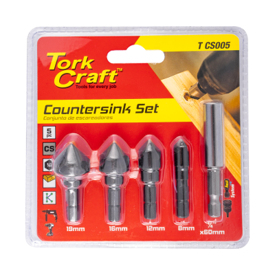 (image for) Countersink Set 5pce Set Carbon (8,12,16,19mm C/w Hex Shank Adaptor)