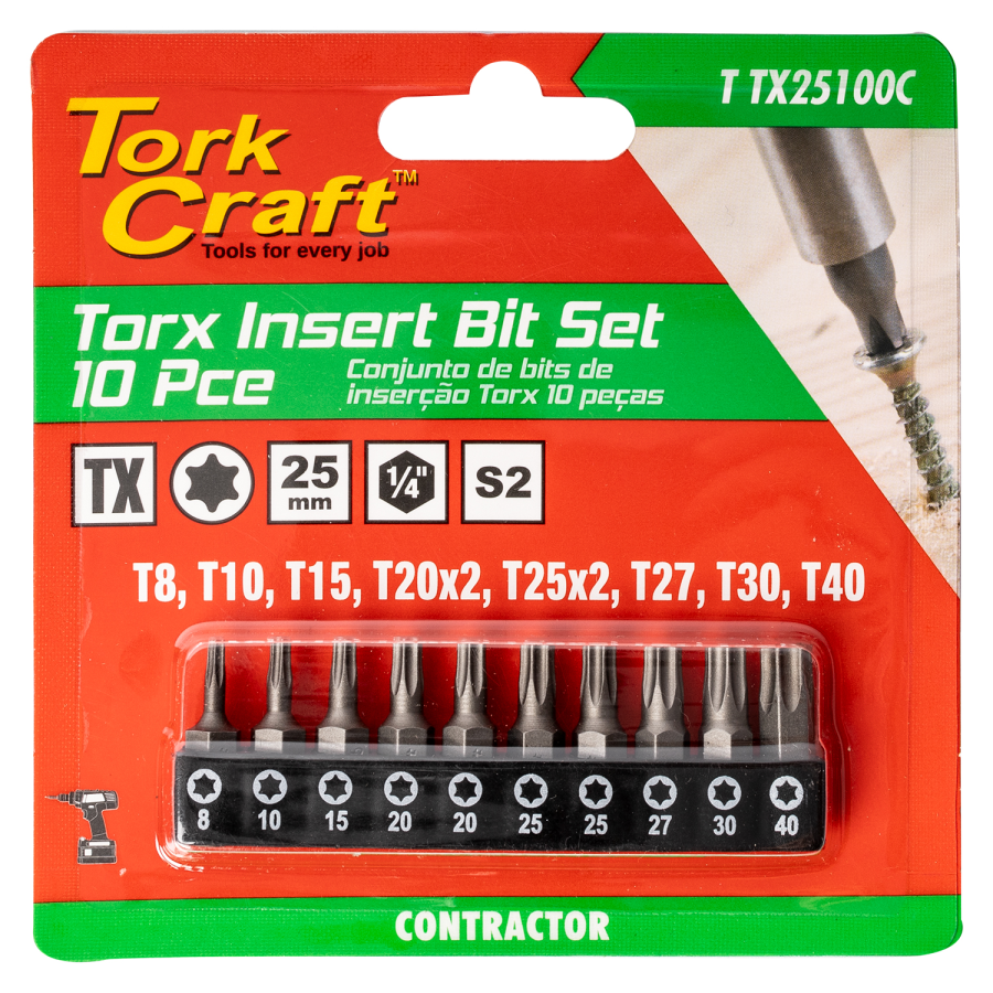 (image for) 10pc Torx 25mm Insert Bit Set (t8, T10, T15, T20x2, T25x2, T27, T30, T