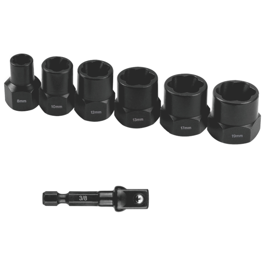 (image for) Bolt Extract Set 7pce 8/10/12/13/17/19mm 1pc 50mm 1/4' Socket Adaptor
