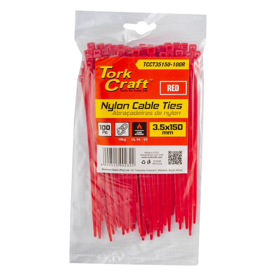 (image for) Nylon Cable Ties 3.5mm X 150mm Red 100pc