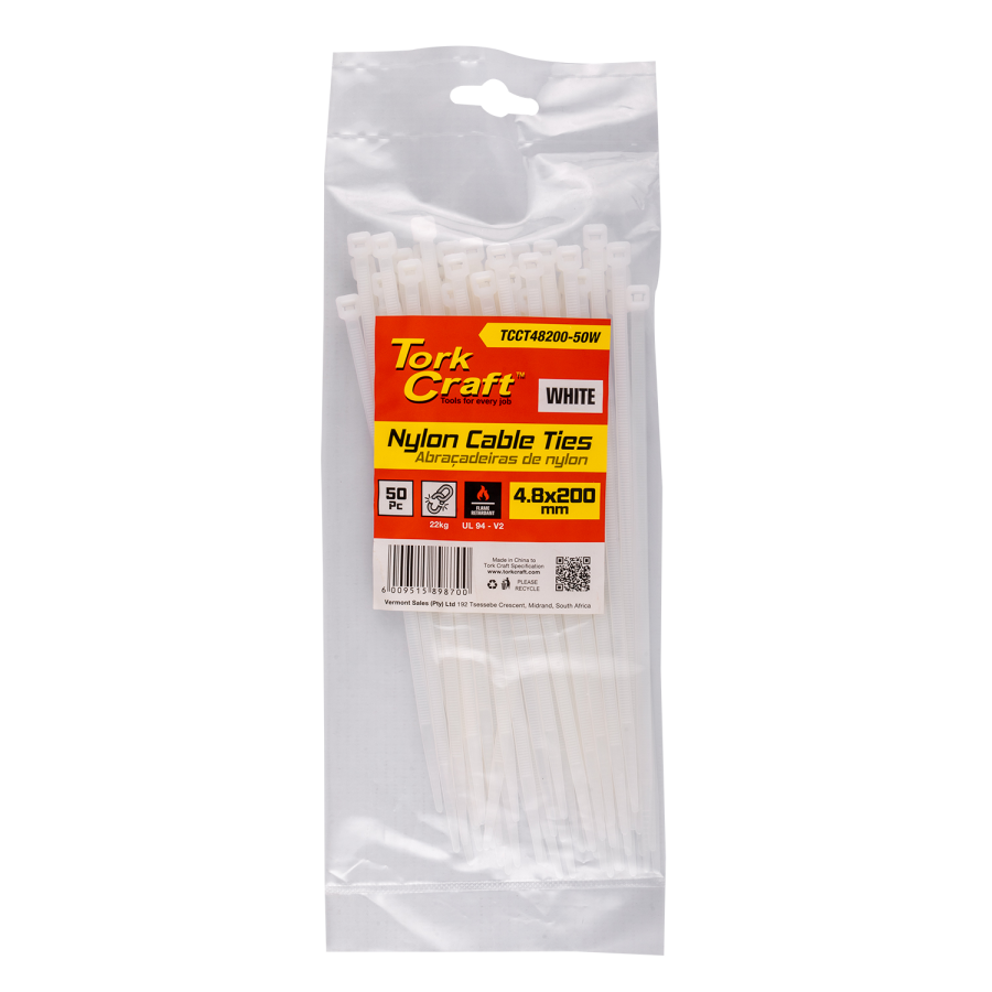 (image for) Nylon Cable Ties 4.8mm X 200mm White 50pc