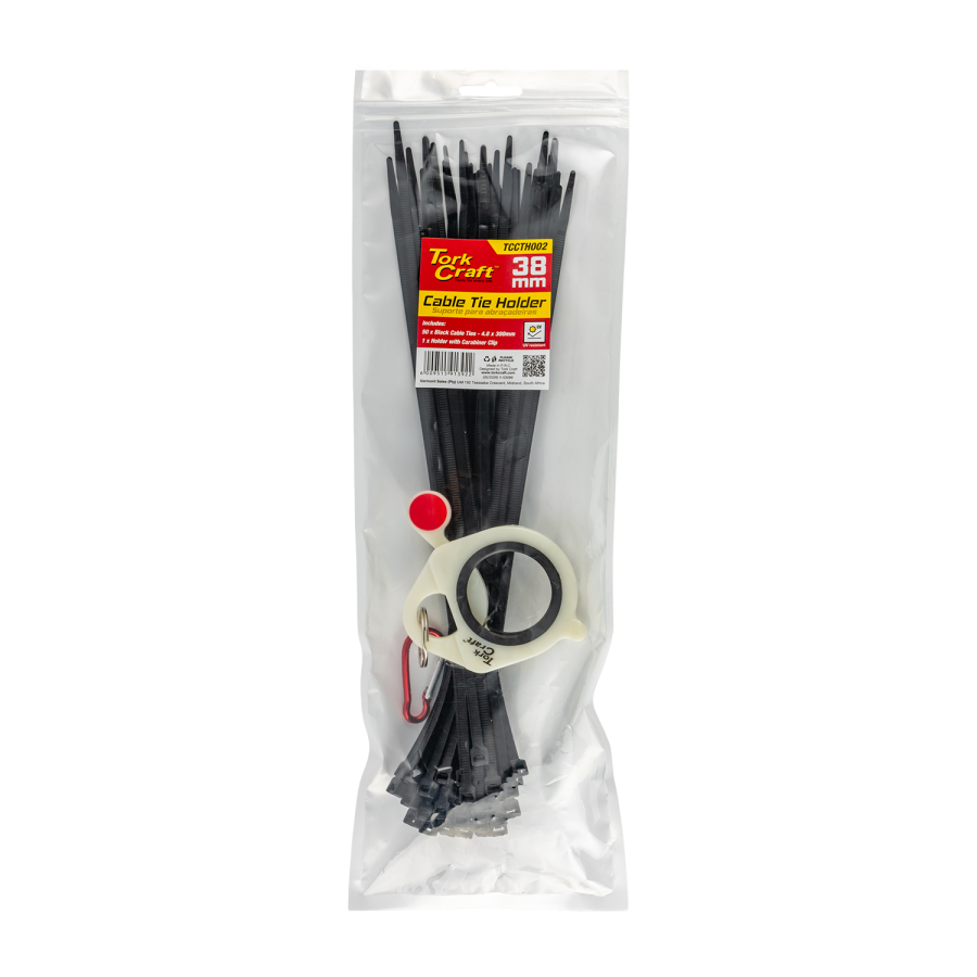 (image for) Tork Craft TCCTH002 Cable Tie Holder 38mm & Carabiner Clip Lumin Material With 50pc Black Cable Ties 4.8 x 300mm
