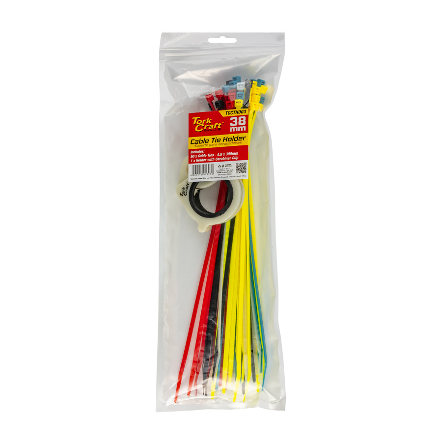 (image for) Tork Craft TCCTH003 Cable Tie Holder 38mm & Carabiner Clip Lumin Material With 50pc Assorted Cable Ties 4.8 x 300mm