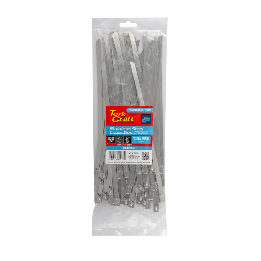 (image for) S/steel Cable Ties Ss304 7.9mm X 250mm Natural 100pc