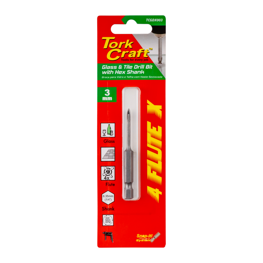 (image for) Glass & Tile Drill 3mm 4 Flute With Hex Shank