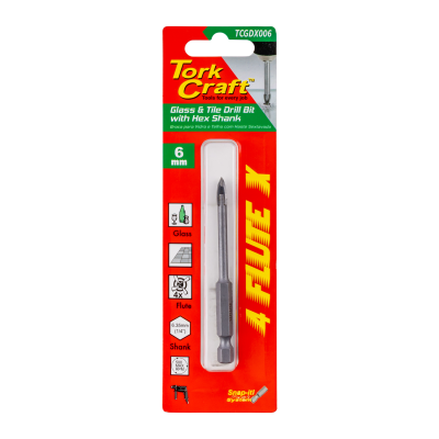(image for) Glass & Tile Drill 6mm 4 Flute With Hex Shank