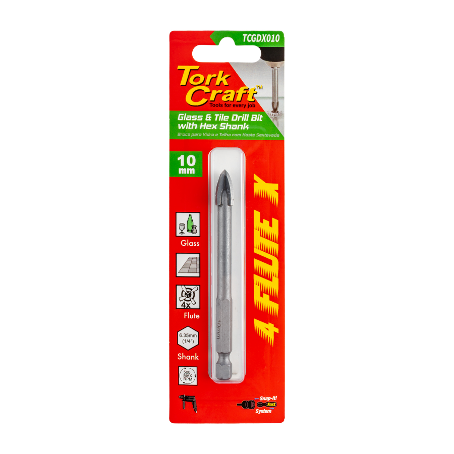 (image for) Glass & Tile Drill 10mm 4 Flute With Hex Shank