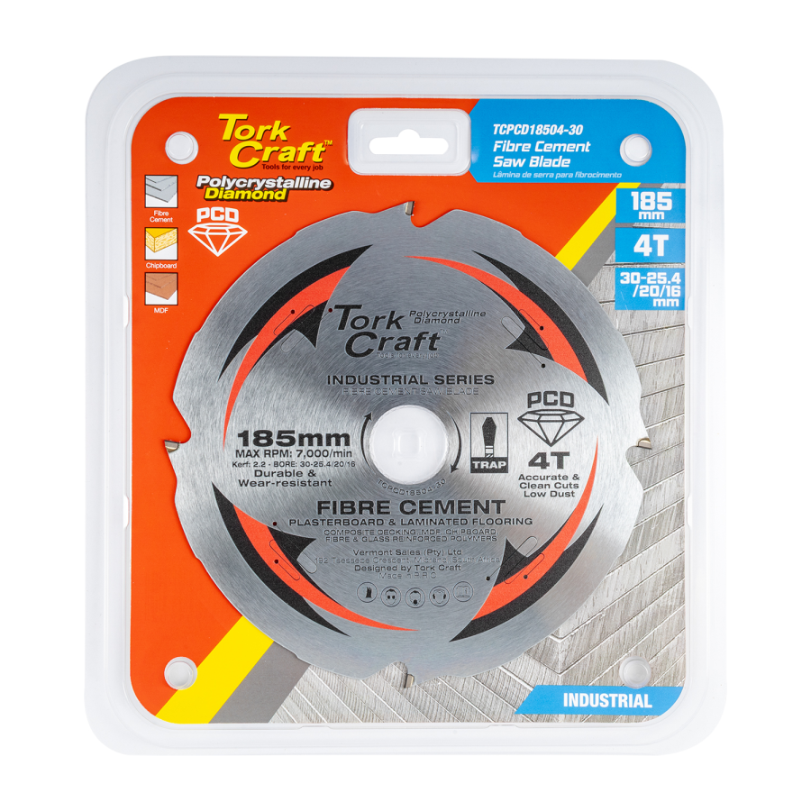 (image for) Tork Craft TCPCD18504-30 PCD Saw Blade 185mm x 4T x 30-25.4/20/16mm Fibre Cement MDF Chipboard