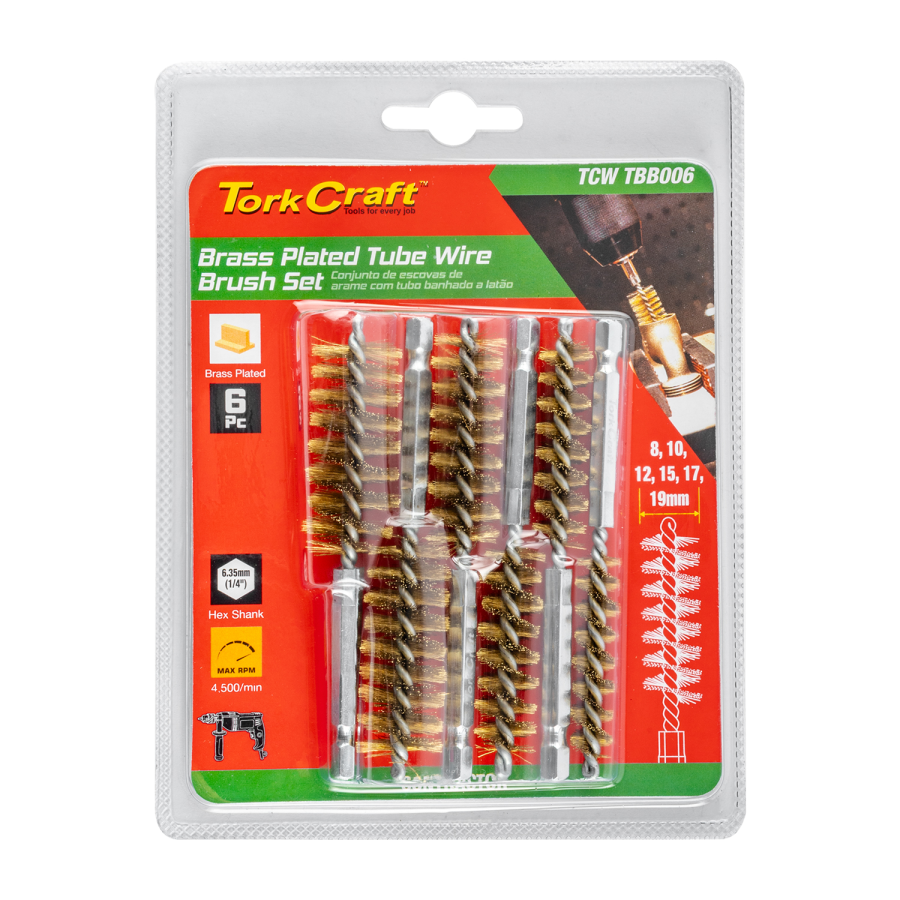 (image for) Tube Brush 6pc Set Brass Wire 6,35mm Hex Shank