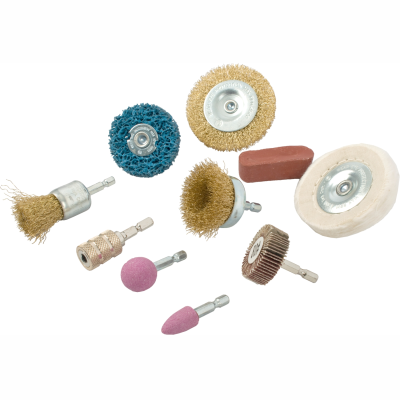 (image for) Wire Brush Set 10 Piece With Hex Shank & Buff Kit For Drill