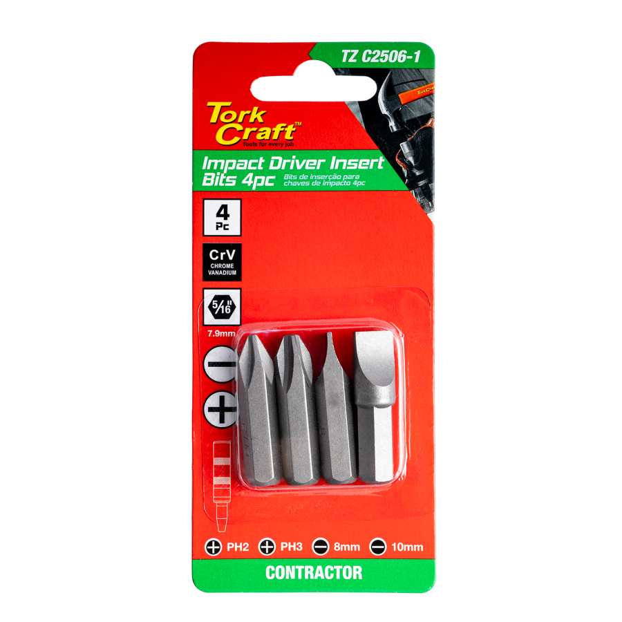 (image for) Impact Driver Insert Bits 4pc 5/16' Ph2/ph3/sl8mm/sl10mm