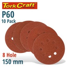 Tork Craft Sanding Disc Velcro 150mm 60 Grit With Holes 10/Pk