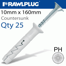 RAWLPLUG Nyl Hammer-In Fixing 10X160Mm + Csk Head X25 -Box