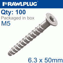 RAWLPLUG Concrete Screwbolt M5 6.3X50Mm Csk Head Zinc Box Of 100
