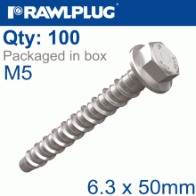 RAWLPLUG Concrete Screwbolt M5 6.3X50Mm Hex Flange Zinc Fl X100-Box