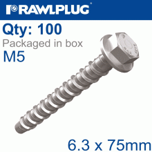 RAWLPLUG Concrete Screwbolt M5 6.3X75Mm Hex Flange Zinc Fl X100-Box