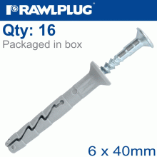 RAWLPLUG Nyl Hammer-In Fixing 6X40Mm + Csk Head X16 -Bag