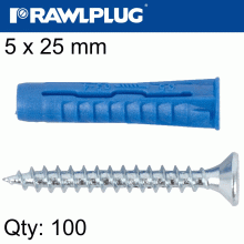 RAWLPLUG Universal Plug 4All 5 X 25Mm With Screw 100 Psc Per Tub